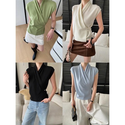 高智通勤感 不规则交叉V领收腰显瘦坎肩无袖针织衫 SN8740