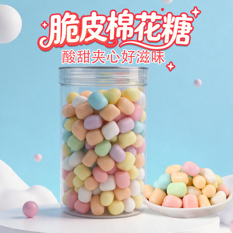 300g罐装脆皮棉花糖彩色拼发夹心糖果商超批发网红即食甜零食酸甜