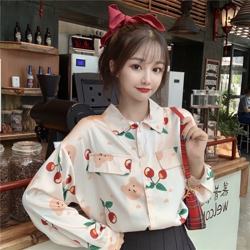 韩版复古宽松百搭长袖衬衫小清新甜美樱桃印花翻领衬衣女秋季新款