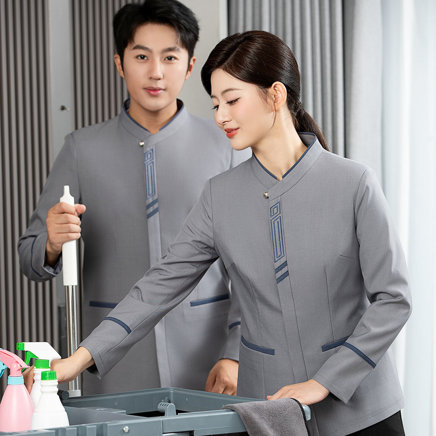 物业保洁工作服长袖酒店宾馆客房餐饮后勤清洁工秋冬装女大码制服