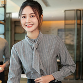 咖啡西餐厅服务员衬衣长袖 条纹立领奶茶烘焙甜品蛋糕店工作服衬衫