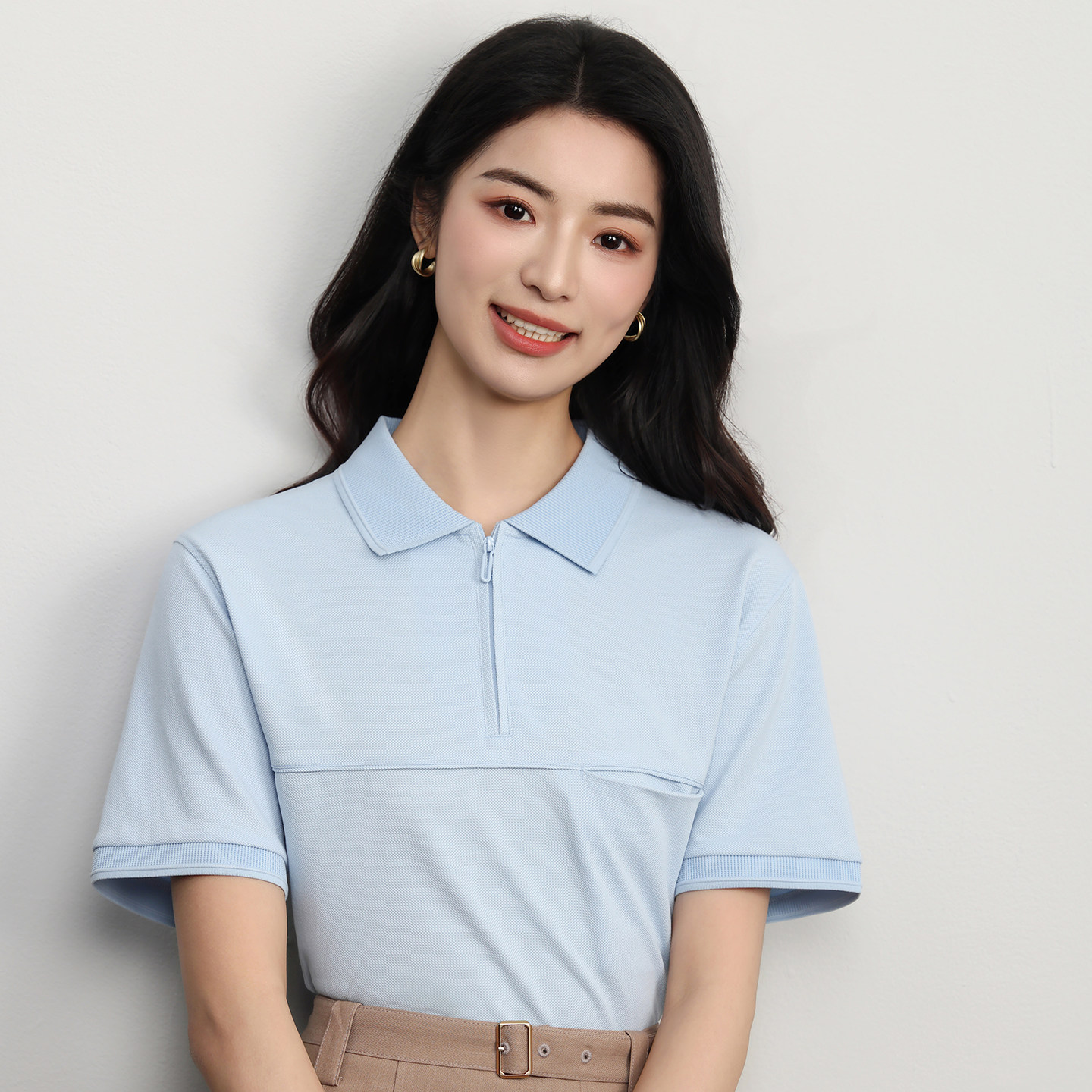 半拉链运动短袖T恤衫女纯色翻领双股双纱长绒棉POLO衫工作服定制