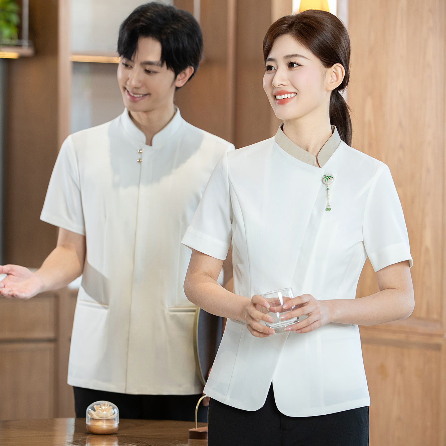 新中式酒店工作服女饭店餐饮服务员长袖茶楼饭店前厅接待领班工装