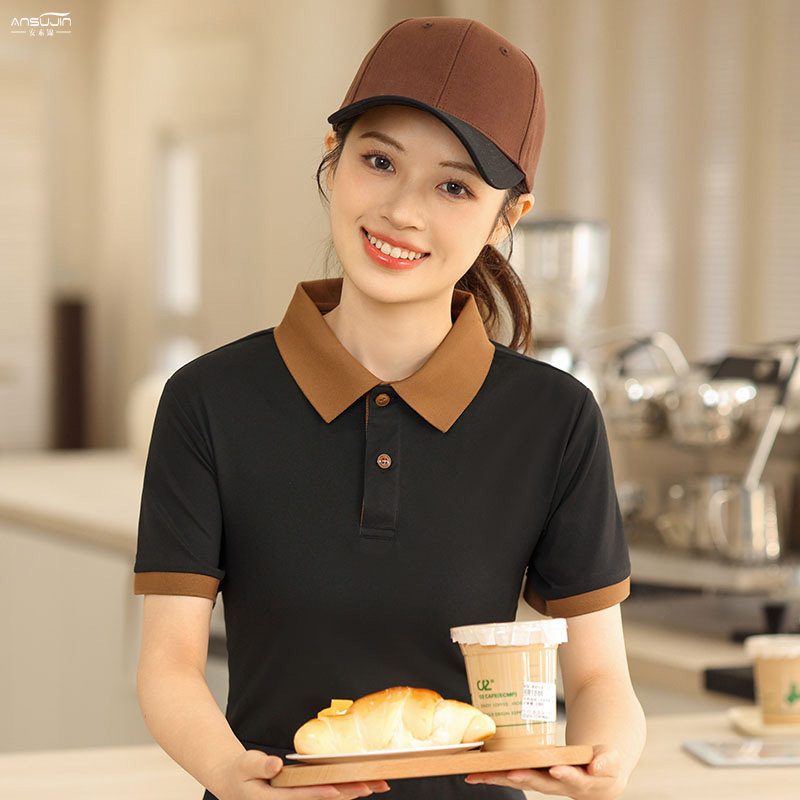 餐饮工作服短袖T恤女咖啡店烤肉烧烤服务员拼色领polo衫棉质半袖