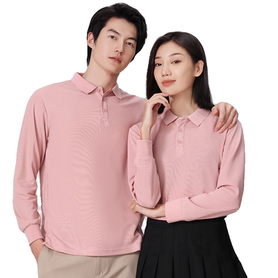 纯棉T恤女长袖粉色有翻领工作服