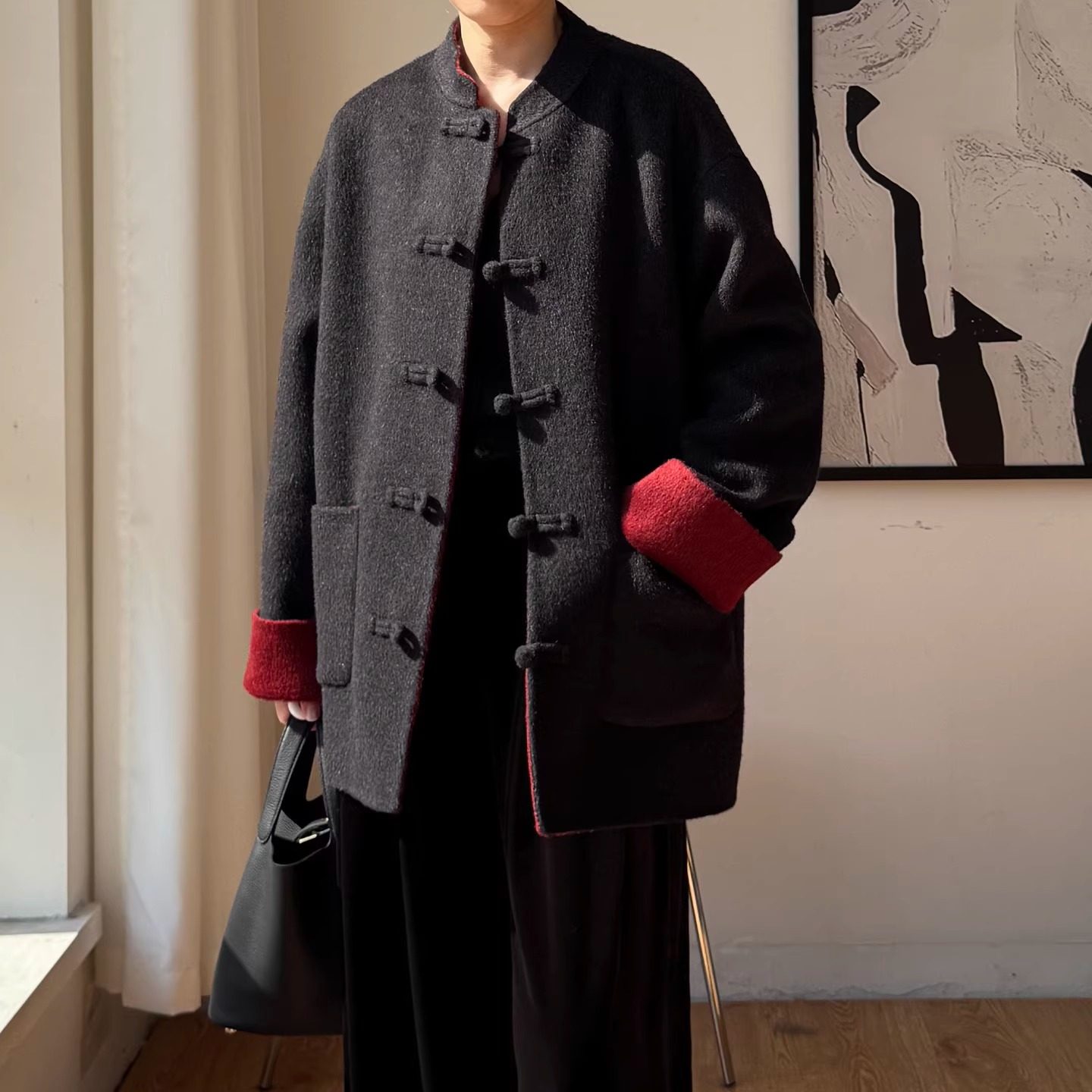 秋冬季新款高端中国风盘扣黑灰色短款双面羊毛大衣新中式毛呢外套,女装/女士精品,毛呢外套,淘宝优惠券,粉丝福利购,淘宝优惠卷