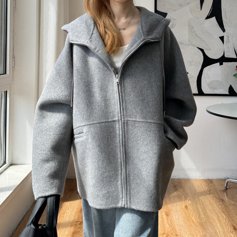 秋冬高端连帽双面羊毛大衣短款