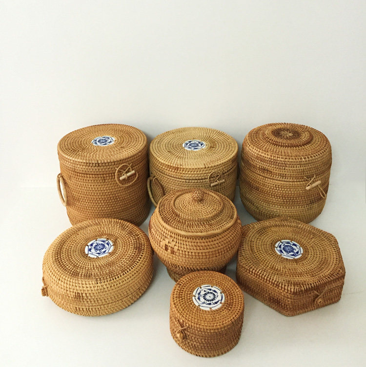 越南手工编织藤编家居收纳筐七子饼饼茶叶罐沱茶散茶普洱茶收纳盒
