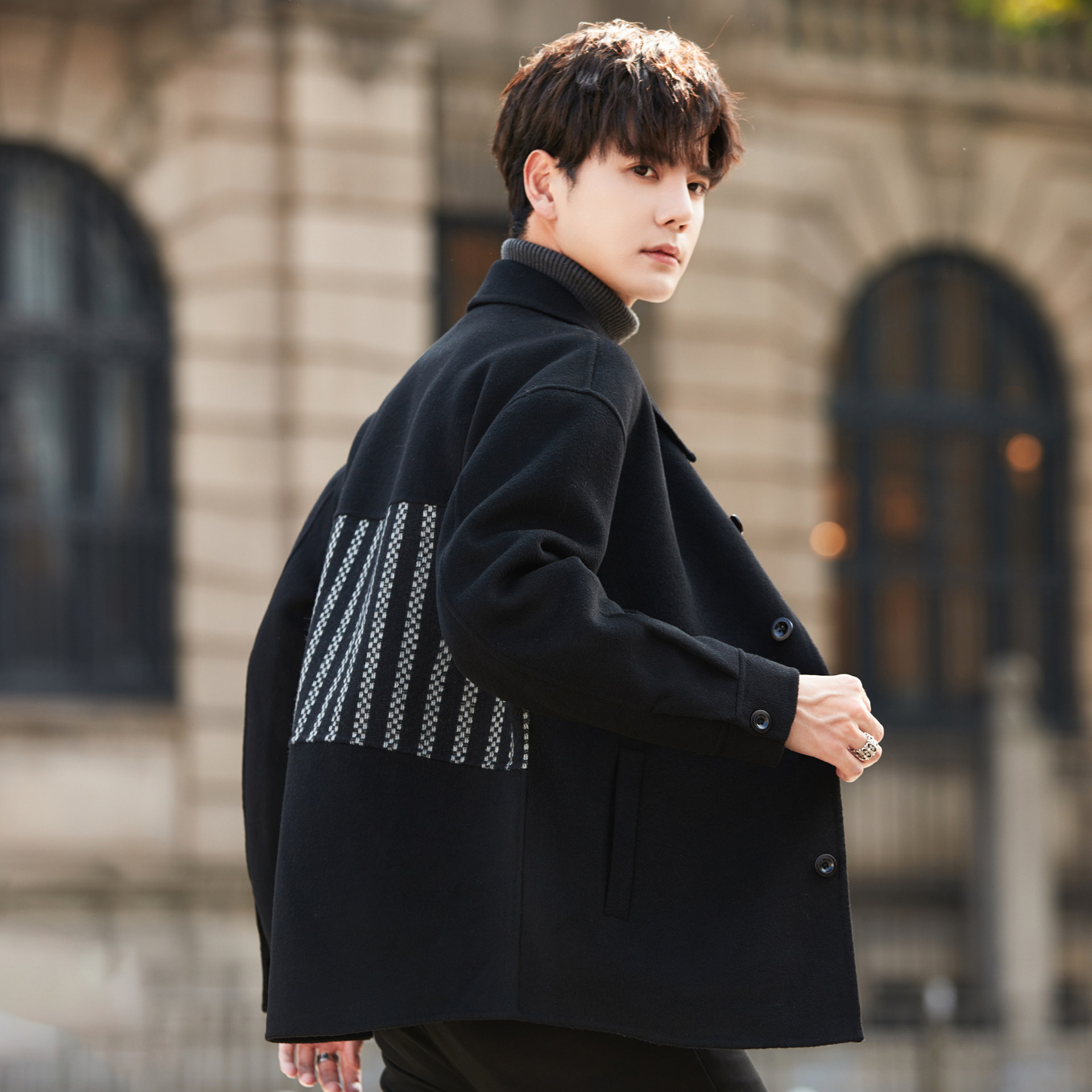 翻领双面绒外套男士羊毛呢子行政夹克秋冬季短款大衣加厚2025新款