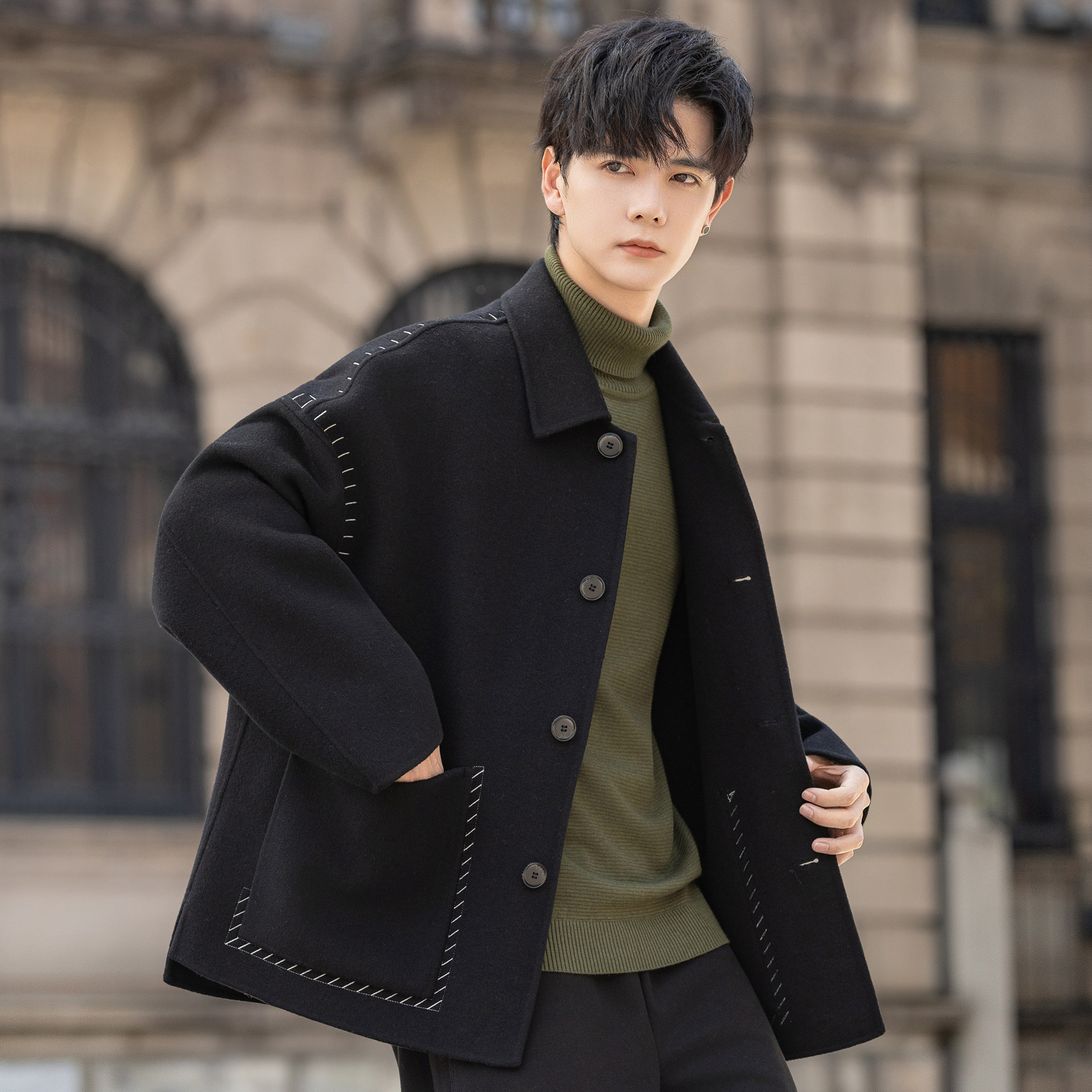 大码呢子外套男士双面绒夹克秋冬季高级感羊毛大衣短款26新款宽松