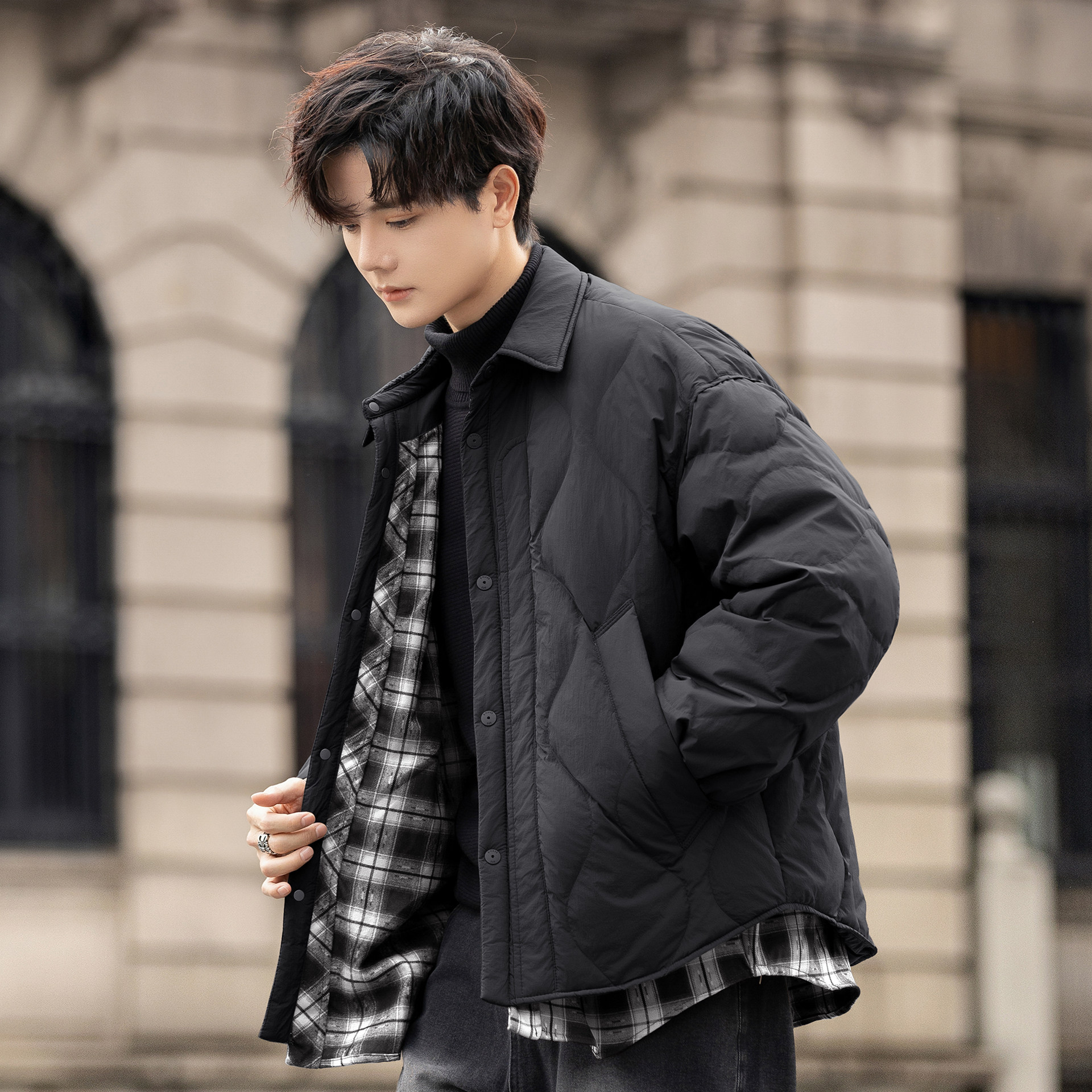 假两件羽绒服男士冬季2025新款轻薄翻领爆款菱格外套潮牌保暖青年,男装,羽绒服,淘宝优惠券,粉丝福利购,淘宝优惠卷