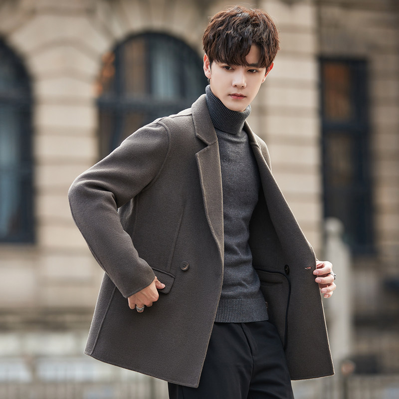 男士羊毛呢子大衣短款秋冬季双面绒西装外套加厚妮子风衣英伦风潮