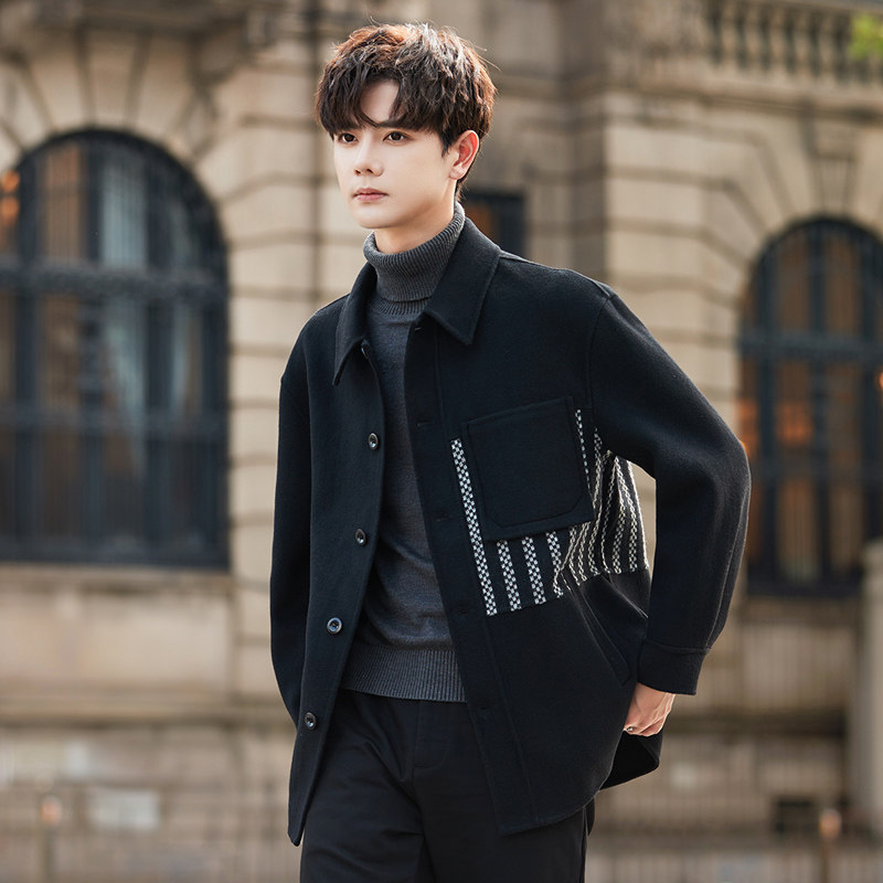 拼接羊毛呢子大衣男士短款秋冬季翻领双面绒夹克外套2025新款高端