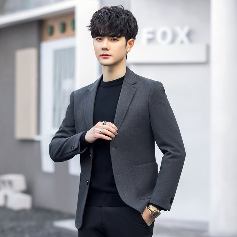 男士休闲西装外套韩版修身潮流毛呢小西服套装秋冬季加厚单件上衣