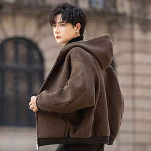 连帽仿羊羔毛外套男士呢子夹克25新款摇颗粒绒上衣秋冬季加厚短款