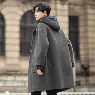 高端连帽大衣男士羊毛呢子外套中长款高级感秋冬季加厚双面绒风衣