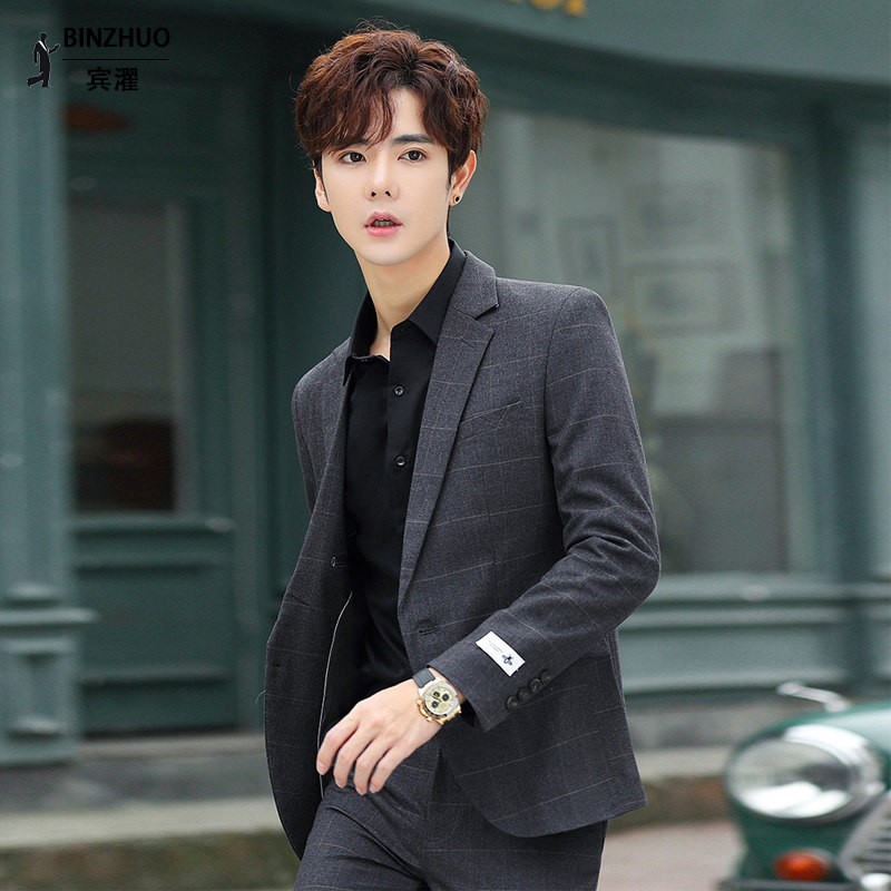 男士西装外套修身韩版潮流格子休闲小西服套装正装结婚新郎高级感