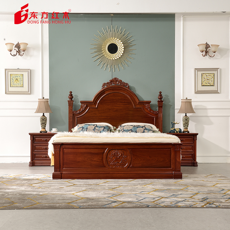 东方红木轻奢欧美经典刺猬紫檀198-1型红木床三件套