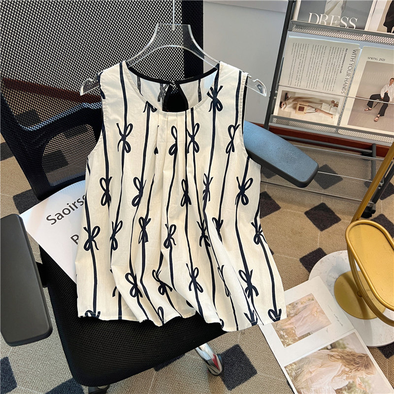 夏季新款韩版洋气压褶蝴蝶结印花甜美无袖背心娃娃衫女小众设计感,女装/女士精品,衬衫,淘宝优惠券,粉丝福利购,淘宝优惠卷