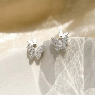 森系绝美银色满钻蝴蝶耳夹无耳洞女蚊香盘耳饰精致小巧简约耳环女
