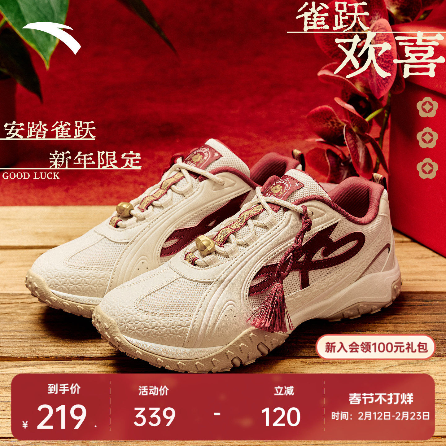 安踏好事发生 雀跃丨芭蕾风新年款本命年鞋舞蹈薄底鞋女T头鞋女鞋