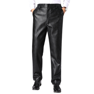 中老年男士皮裤加绒加厚冬季保暖防风防水爸爸装休闲直筒裤子机车