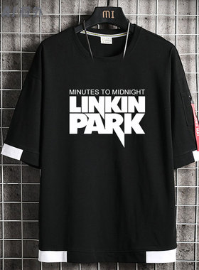 Linkin Park林肯公园音乐摇滚乐队夏季半袖男女短袖T恤飘带纯棉衫
