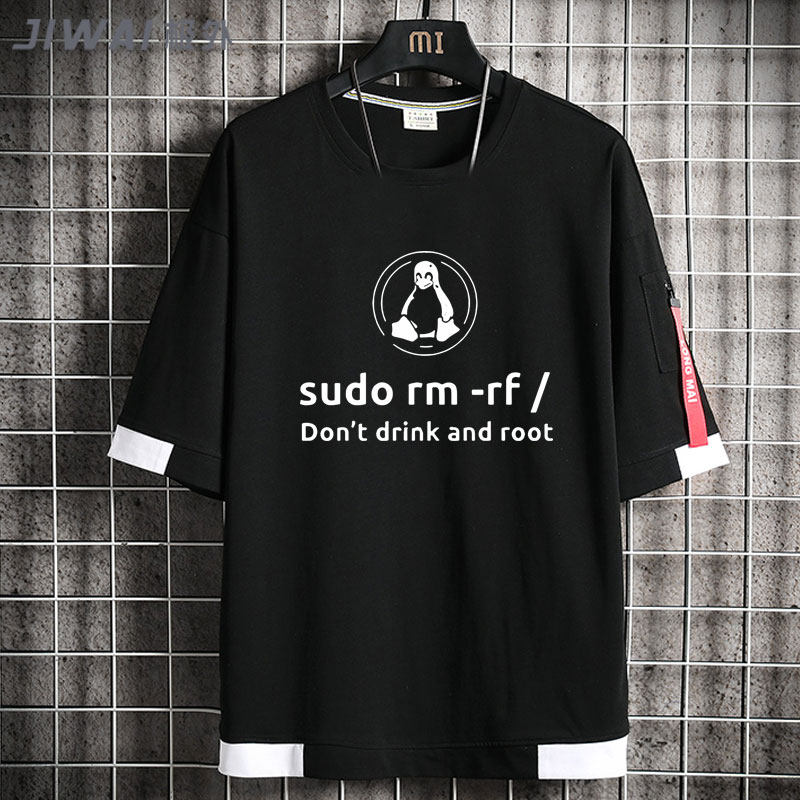 程序员代码rm-rf 极客geek衣服 强制删除半袖男女纯棉飘带短袖t恤