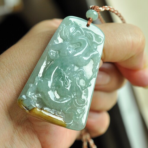 缅甸A货翡翠龙牌蓝绿飘黄翡双彩