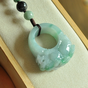 kw04小把件保真正品天然缅甸A货翡翠飘绿貔貅男款扳指戒指把件绳