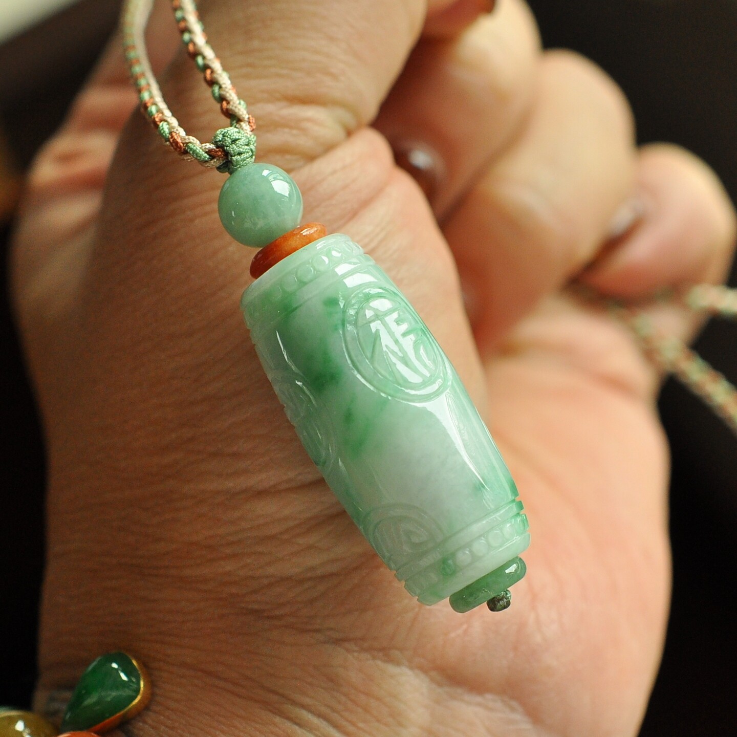 xy12飘绿花白底青仿古路路通大桶珠保真天然缅甸A货翡翠吊坠挂件