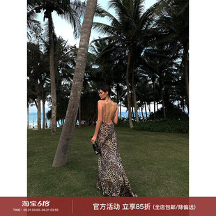 0122stepll 野性沉沦 豹纹吊带连衣裙女性感辣妹露背荡领印花长裙