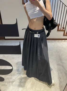 0122stepll复古时髦低腰休闲百褶裙女秋灰色欧美甜酷风显瘦半身