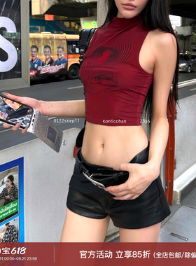 0122stepll 勃艮第红色上衣女夏季设计感高级网纱背心短款印花T恤