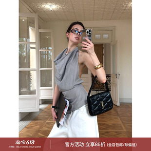 0122stepll冷欲都市 条纹挂脖T恤女修身显瘦绑带荡领无袖露背上衣