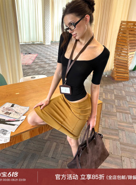 0122stepll迷人锁骨杀 黑色短袖T恤女夏修身显瘦收腰方领短款上衣