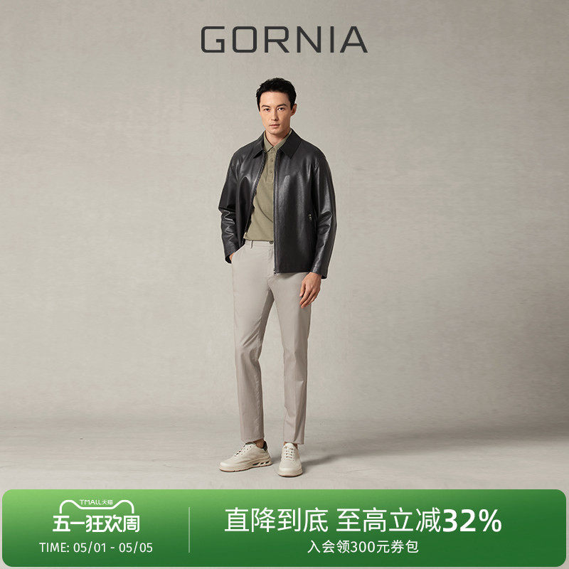 GORNIA/格罗尼雅男士皮衣黑色休闲翻领外套质感百搭时尚挺括上衣