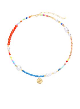 LUYUO彩虹圆牌串珠项链女彩色珠珠波西米亚锁骨链小众简约颈链