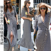 海边度假裙开叉V领修身 裹身裙系带长裙锁链印花df连衣裙夏中长款