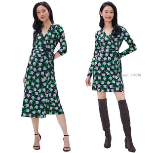 显瘦连衣裙女 系带裹身裙修身 D家大牌2025春夏新款 绿色印花一片式