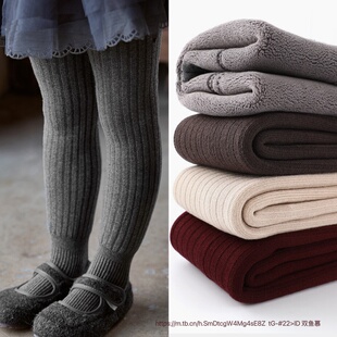 女童加绒加厚连裤袜冬季新品宝宝打底裤儿童纯色宽条纹复合绒袜子