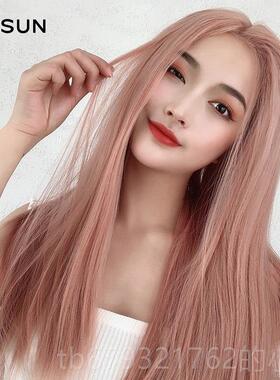 高档假发妇女的夏季长直发中间部分没有刘海瑰熏粉玫金时尚温丝烟