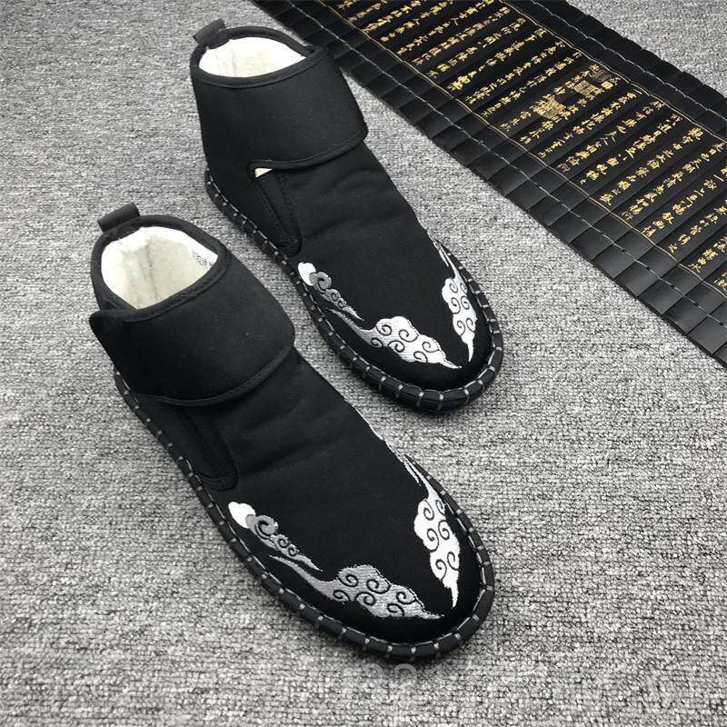 高档老北京鞋男式高帮鞋男雪式冬布丝加厚羔羊绒绒千层底底男式地