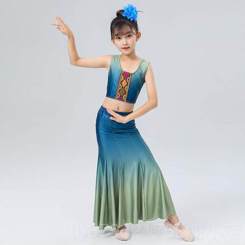 高档儿童傣族舞蹈裙演出服童孔雀舞鱼尾习裙女摆包臀大裙练裙少数