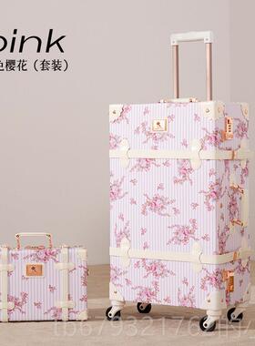 高档uniwa轮lke箱r覆古旅行行箱女拉杆箱万向碎花李登机箱20寸皮