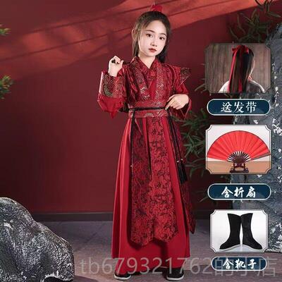 高档女童花装木兰春秋古汉风古走秀武侠演出服红色儿服童霸气服装
