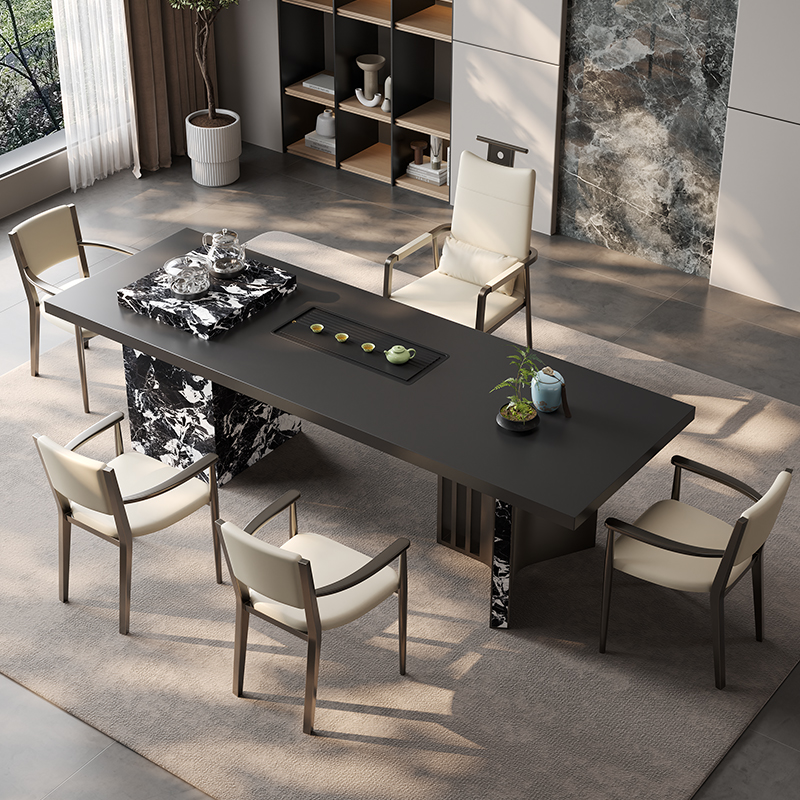 意式极简轻奢岩板茶桌椅组合2025新款高端茶具茶台一整套一桌五椅