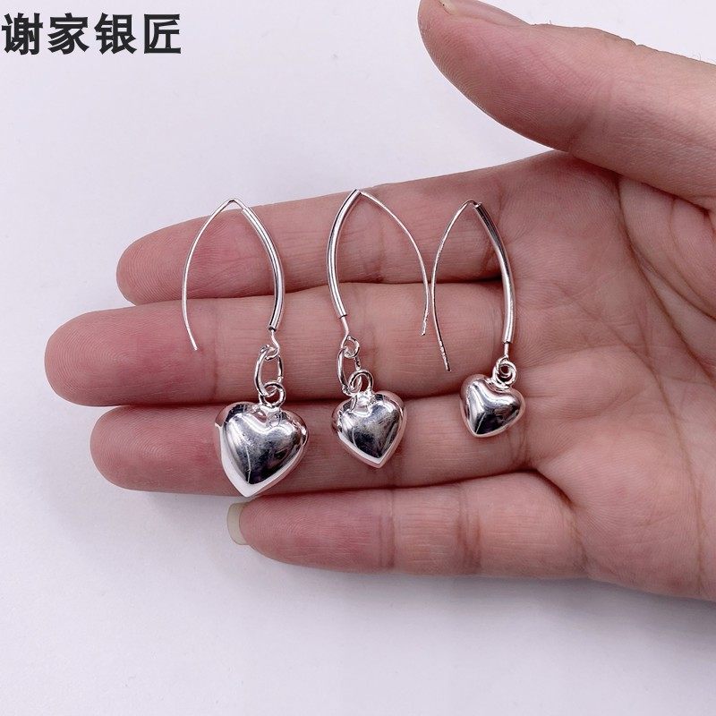 谢家银匠99足银爱心耳坠   耳环女新款挂钩桃心耳饰日韩