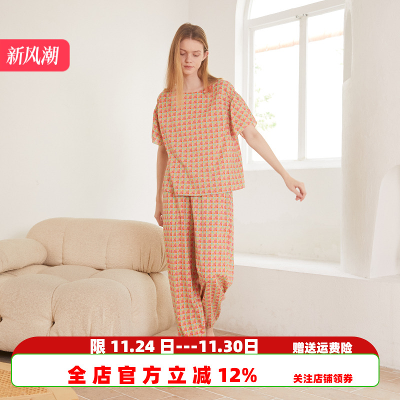 春夏季短袖长裤格子柔软套装