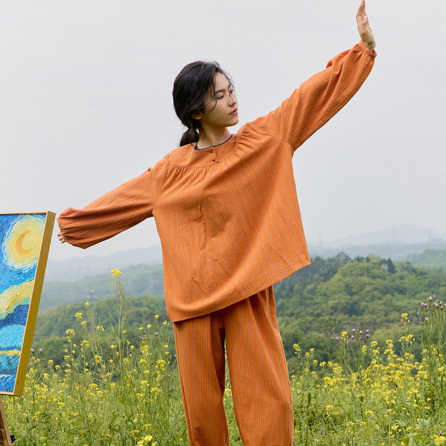 专柜正品朵朵可可家居服睡衣女2025秋季新款纯棉竖条纹套头套装